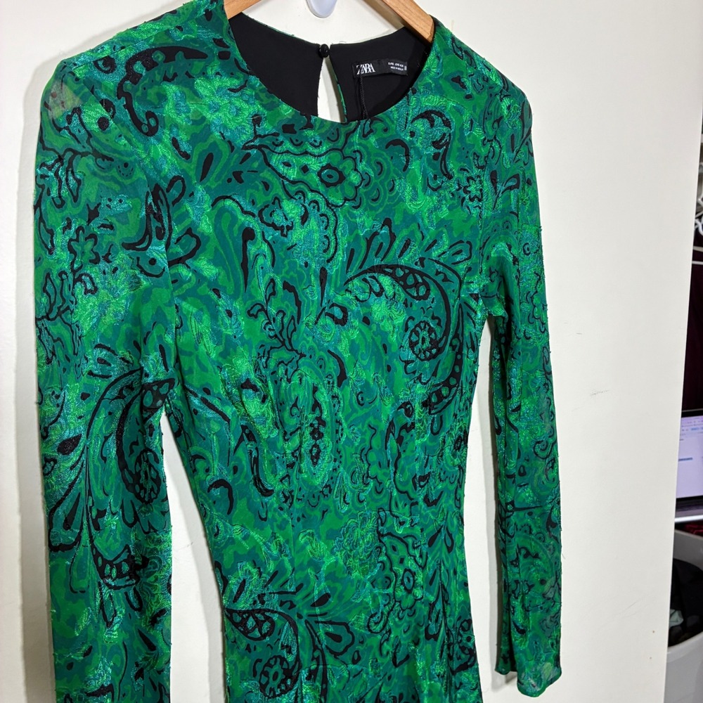 Zara Fairy Jacquard Maxi Dress Size S Green Mermaidcore Art to Wear Body Con - Picture 4 of 12